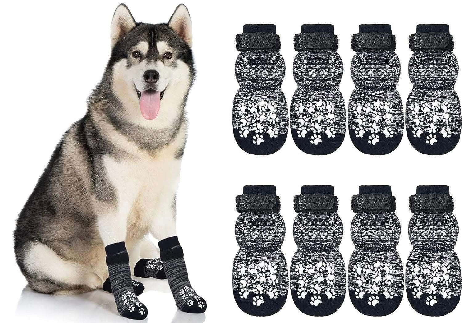 KUTKUT 8Pcs Double Side Anti-Slip Dog Socks with Adjustable Straps - Warm Strong Traction Control for Indoor on Hardwood Floor Wear Soft and Comfortable Paw Protector for Medium Large Dogs-Socks-kutkutstyle